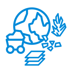 Zu sehen ist das blaue VDI ZRE-Icon für Rohstoffe. Es zeigt die Erde als Planeten, Pflanzen, Plattenwerkstoffe und einen Wagen, mit dessen Hilfe bspw. Mineralien zutage gefördert werden.