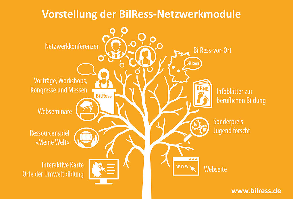 Das Bild visualisiert die verschiedenen Netzwerkmodule, aus denen sich BilRess zusammensetzt. Beispiele sind die Netzwerkkonferenzen, BilRess-vor-Ort, Vortrage, Infoblätter für berufliche Bildung und noch vieles mehr.