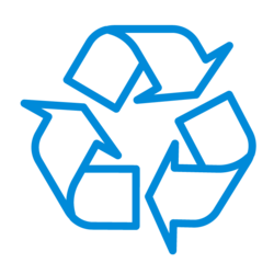 Zu sehen ist das universelle Icon für Recycling in VDI ZRE-blau. Es zeigt drei Pfeile, die so angeordnet sind, dass sie ein Dreieck ergeben.