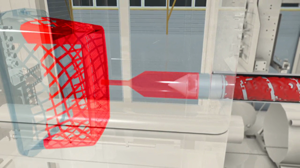 Das Bild zeigt eine Visualisierung eines Kunststoff-Spritzguss-Verfahrens. Roter flüssiger Kunststoff wird in eine Form gespritzt.