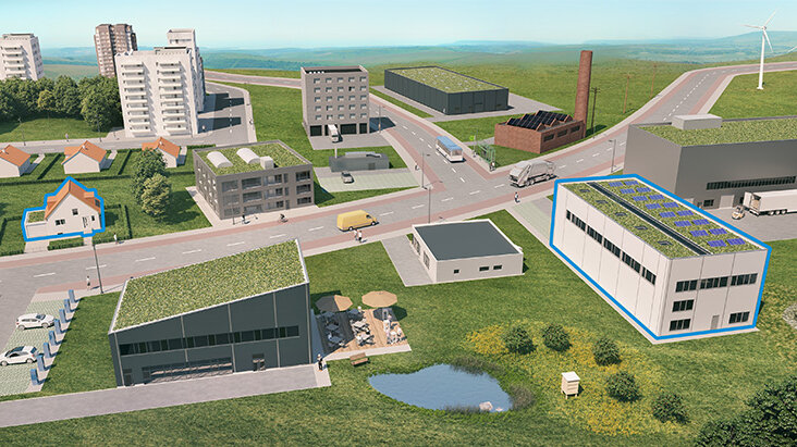Das Bild zeigt einen Ausschnitt der Prozessvisualisierung Ressourceneffizientes Gewerbegebiet. Zu sehen sind Häuser, Grünfläche und Fabrikhallen.