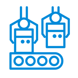 Zu sehen ist das blaue VDI ZRE-Icon für Produktherstellung. Es zeigt ein Förderband, auf dem Elektrogeräte mithilfe von Greifarmen heruntergenommen werden.